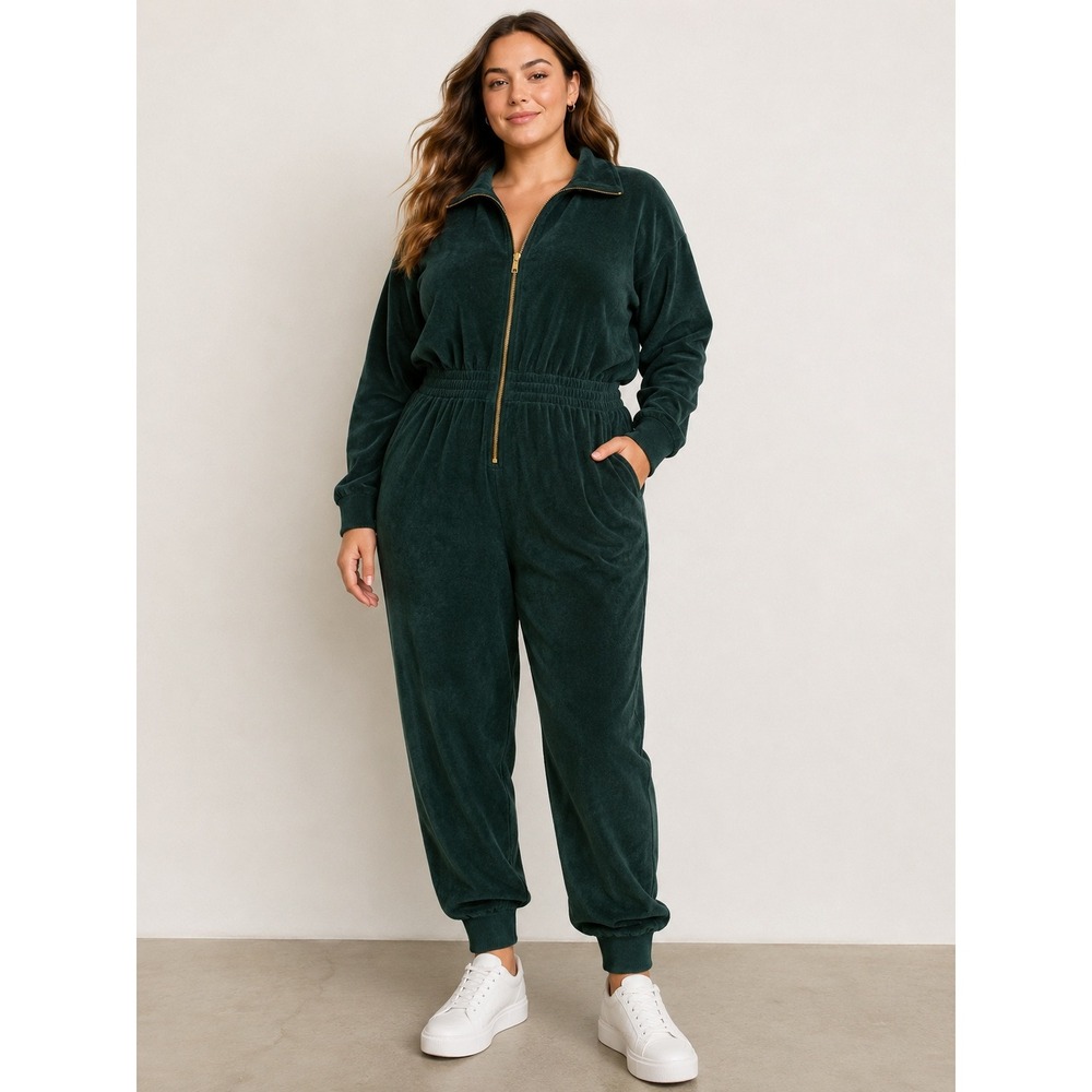 Fabletics Cozy Cord Zip Up Jumpsuit Onesie Women XL Everpine Green Soft Lounge